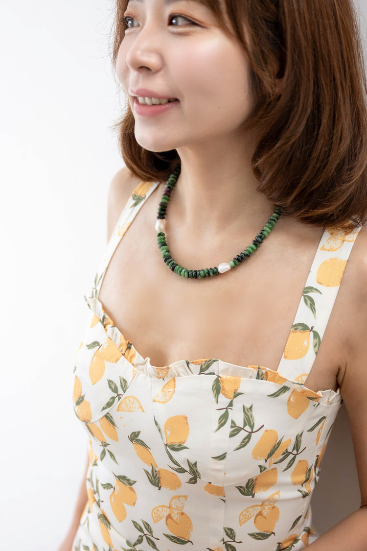 Zoisite Meadow Crown Necklace | Ruby Zoisite Freshwater Pearl