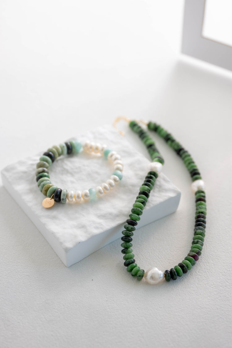 Zoisite Meadow Crown Necklace | Ruby Zoisite Freshwater Pearl