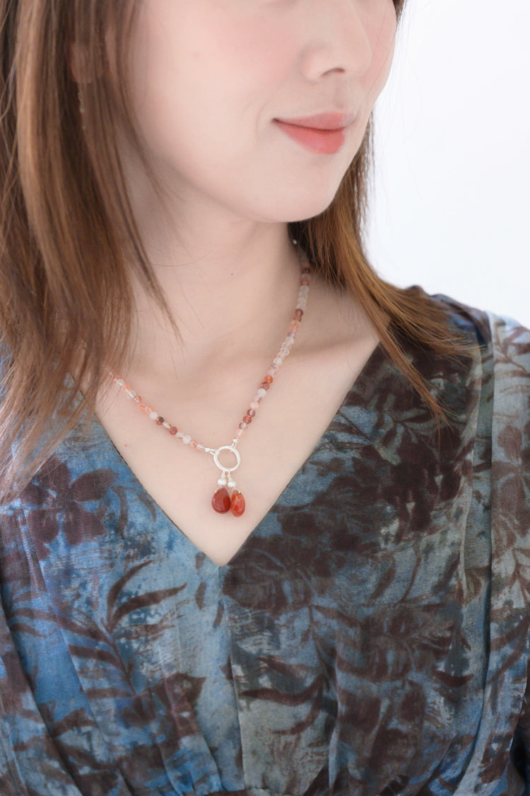 Double Cherries, Double Blessings Necklace | Red Jasper Red Rutilated Quartz Peach Moonstone