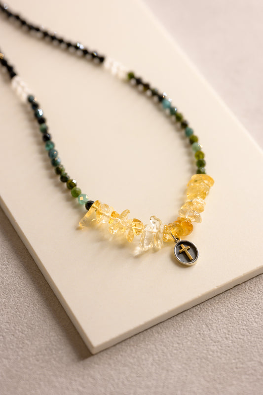 Golden Faith Necklace | Citrine Blue Green Tourmaline (A) Black Agate