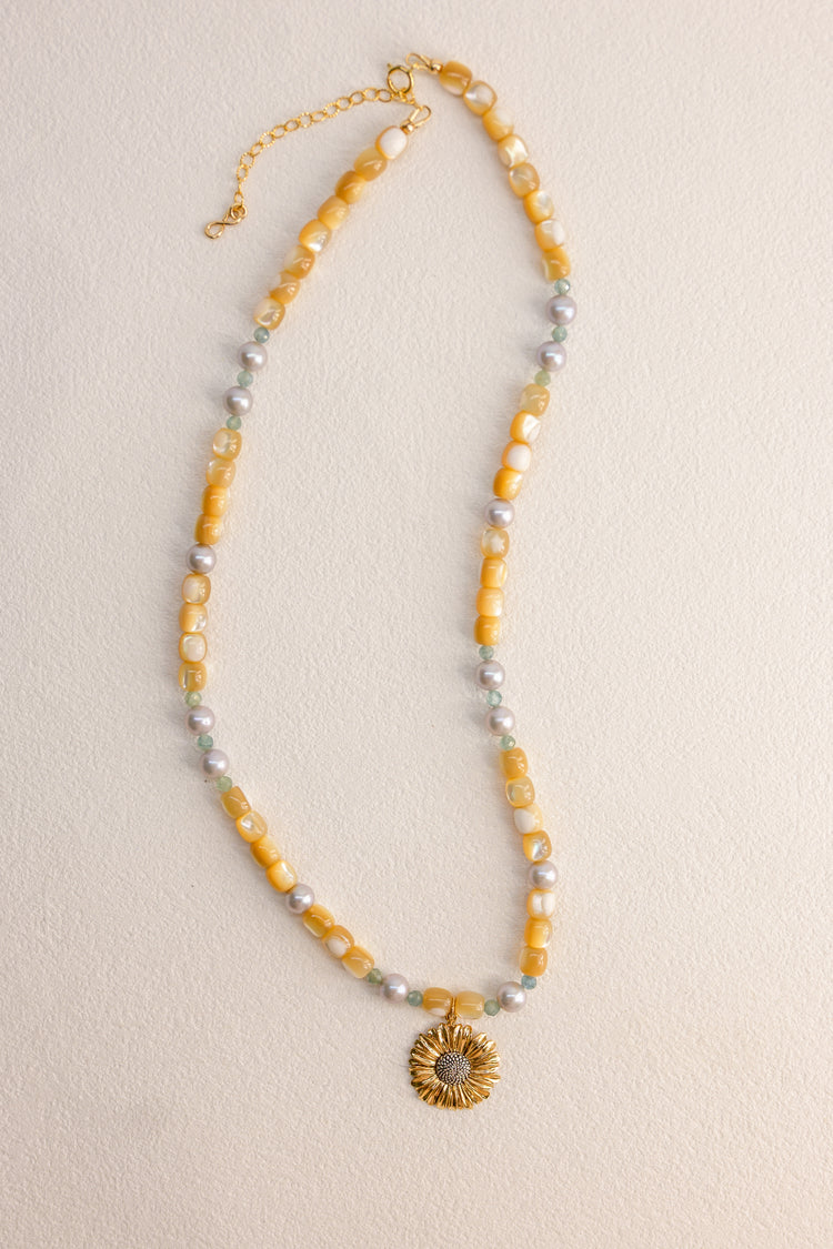 Golden Daisy Necklace | Green Kyanite Grey Freshwater Pearl Natural Mother of Pearl