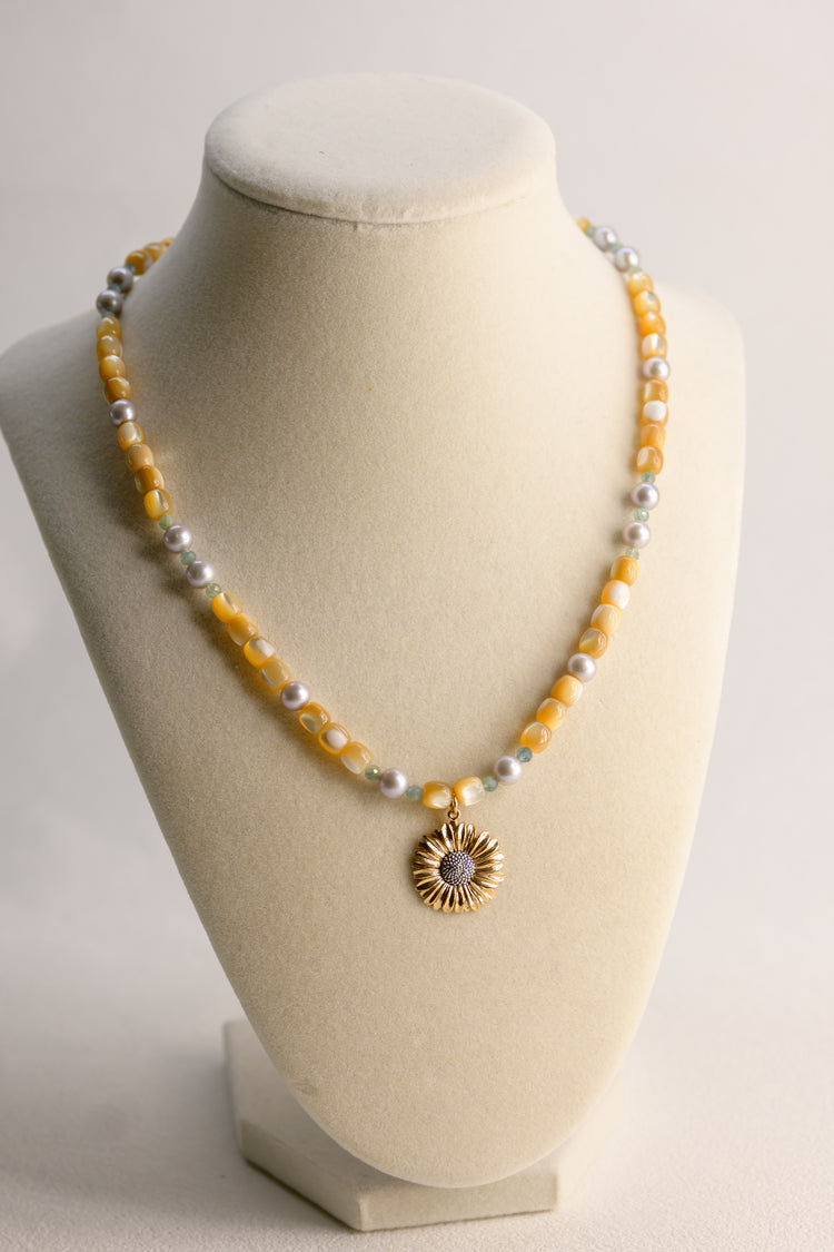 Golden Daisy Necklace | Green Kyanite Grey Freshwater Pearl Natural Mother of Pearl