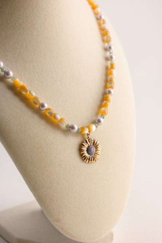 Golden Daisy Necklace | Green Kyanite Grey Freshwater Pearl Natural Mother of Pearl