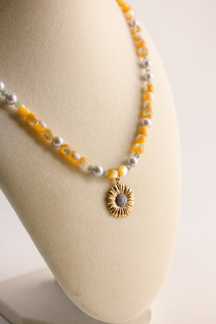 Golden Daisy Necklace | Green Kyanite Grey Freshwater Pearl Natural Mother of Pearl