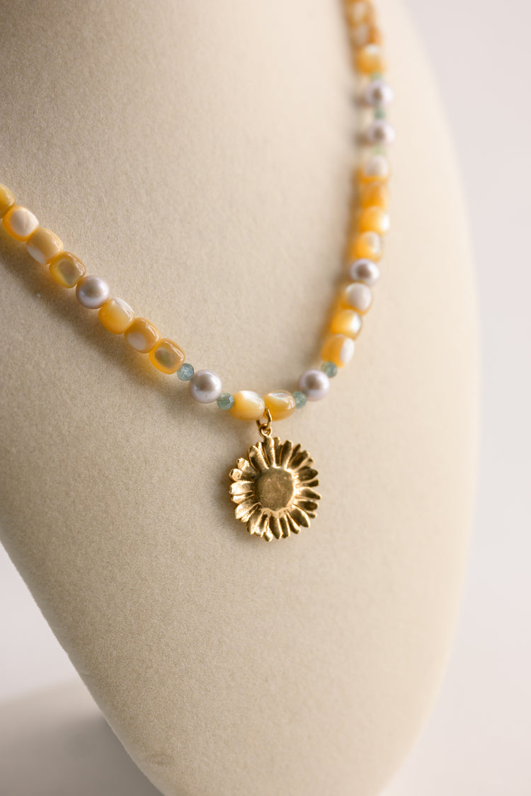 Golden Daisy Necklace | Green Kyanite Grey Freshwater Pearl Natural Mother of Pearl