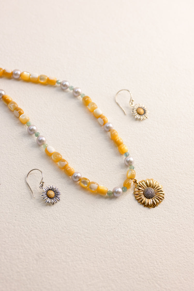 Golden Daisy Necklace | Green Kyanite Grey Freshwater Pearl Natural Mother of Pearl