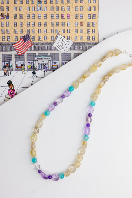 Golden Bubbly Breeze Necklace | Amazonite (AAA) Copper Rutilated Quartz Lavender Amethyst