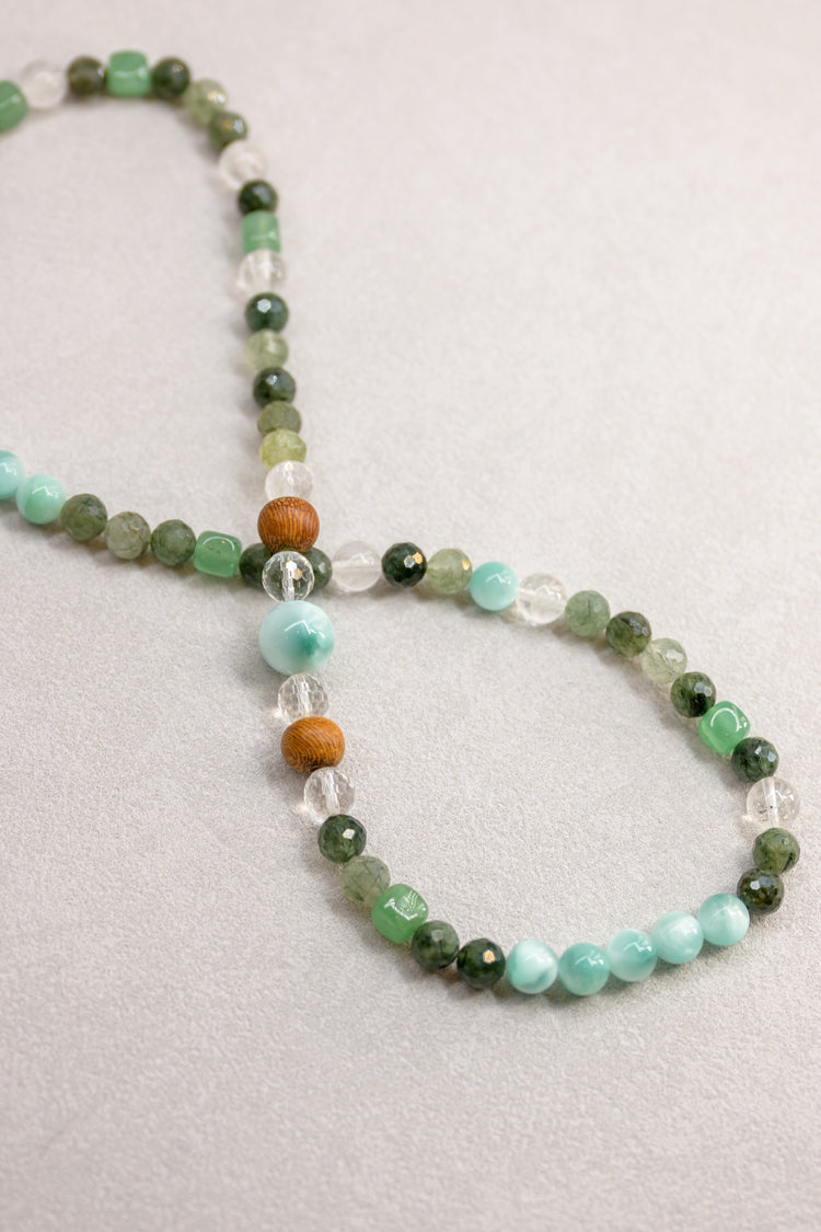 Green Soul Necklace//Three Wrapped Bracelet | Russian Angelite Green Rutilated Quartz Green Aventurine Kakawate Wood