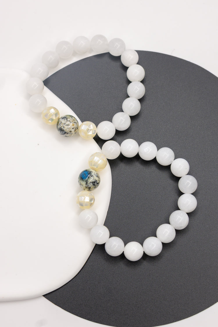 Serenity Balance Bracelet | Himalayas K2 White Jade Mother of Pearl Mosaic Shell