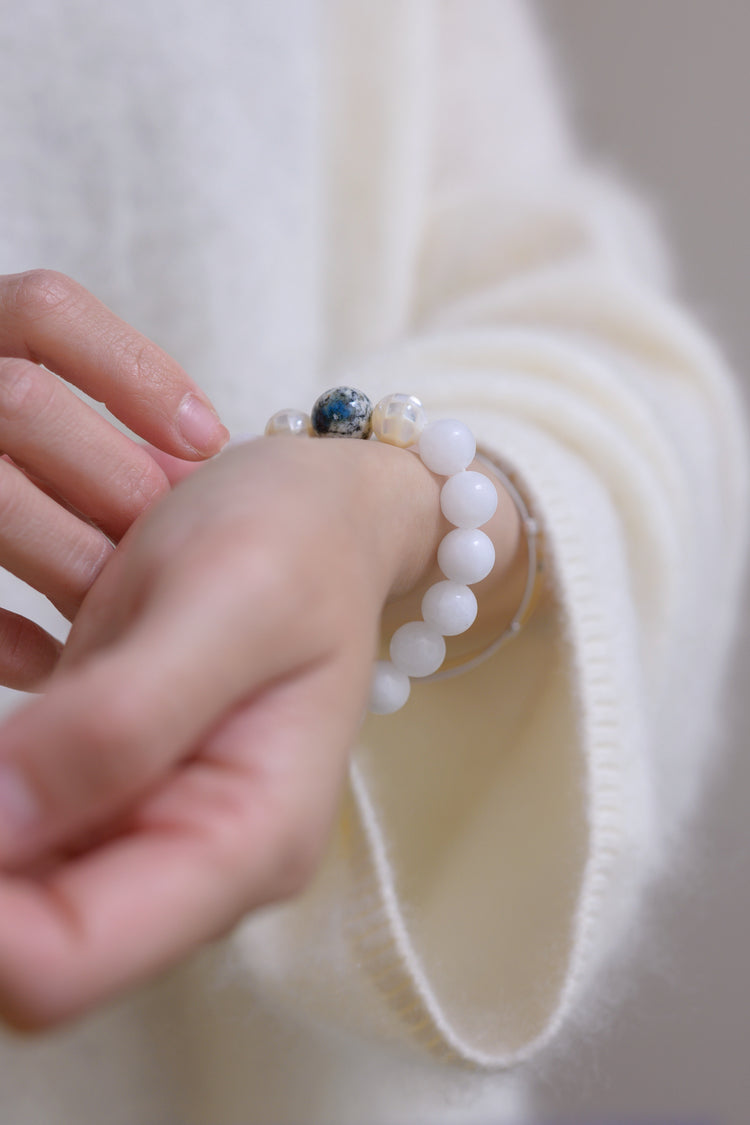 Serenity Balance Bracelet | Himalayas K2 White Jade Mother of Pearl Mosaic Shell