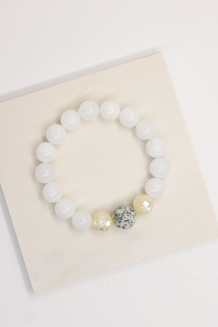 Serenity Balance Bracelet | Himalayas K2 White Jade Mother of Pearl Mosaic Shell