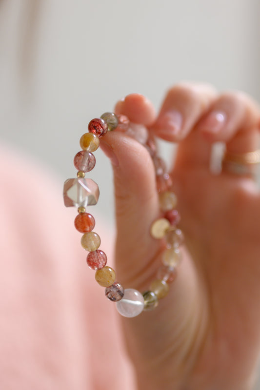 Golden Ambition Bracelet | Golden/Strawberry/Green Rutilated Quartz (A)  Rock Crystal Quartz