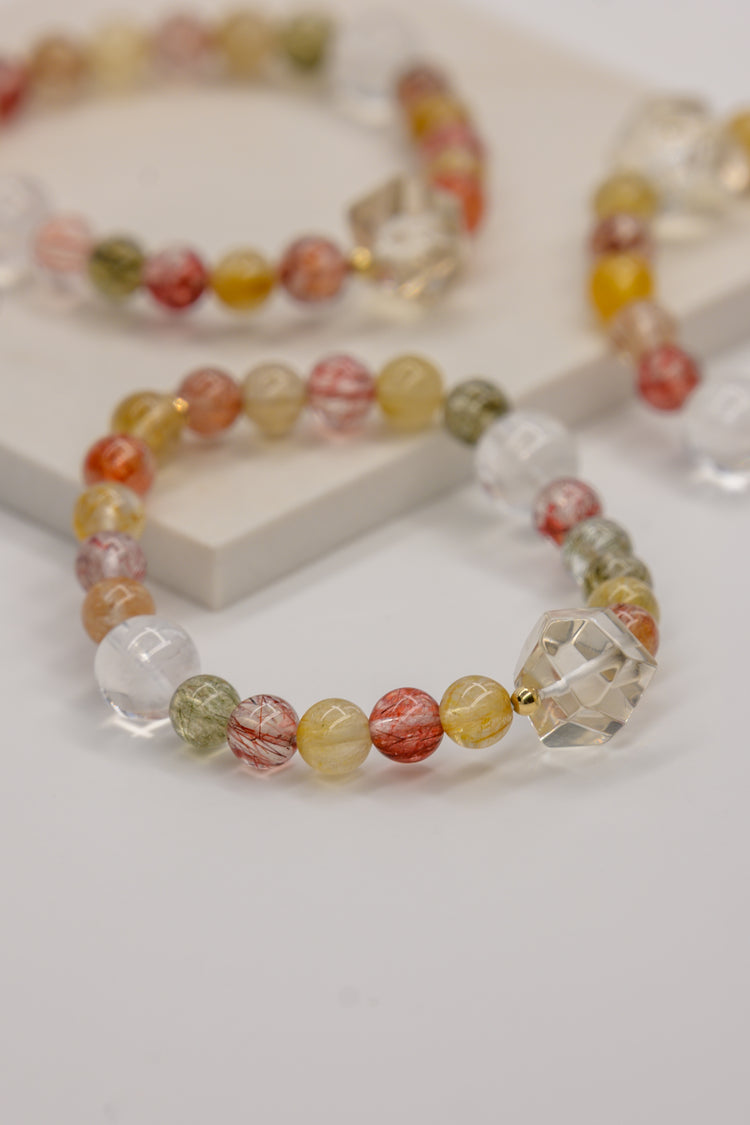 Golden Ambition Bracelet | Golden/Strawberry/Green Rutilated Quartz (A)  Rock Crystal Quartz