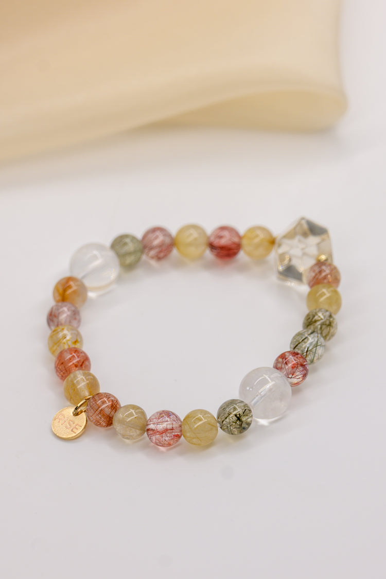 Golden Ambition Bracelet | Golden/Strawberry/Green Rutilated Quartz (A)  Rock Crystal Quartz