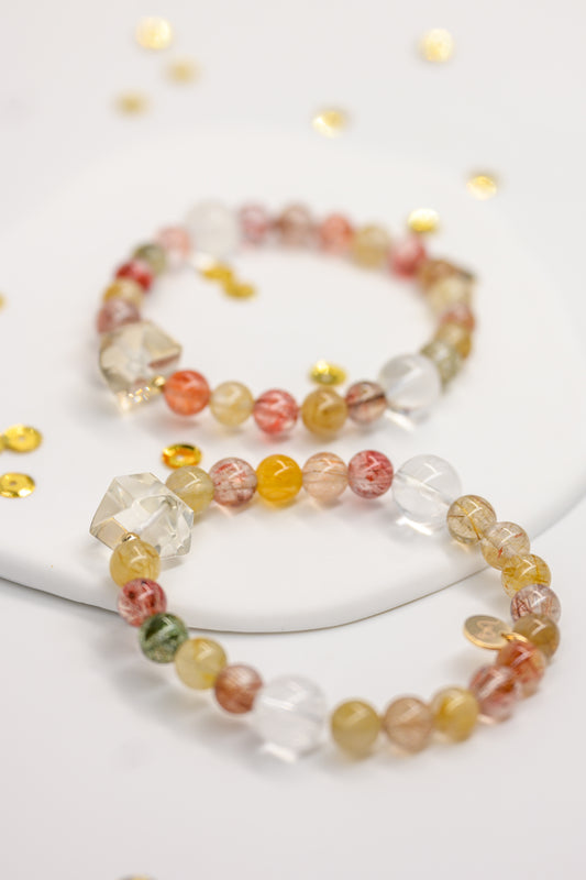 Golden Ambition Bracelet | Golden/Strawberry/Green Rutilated Quartz (A)  Rock Crystal Quartz