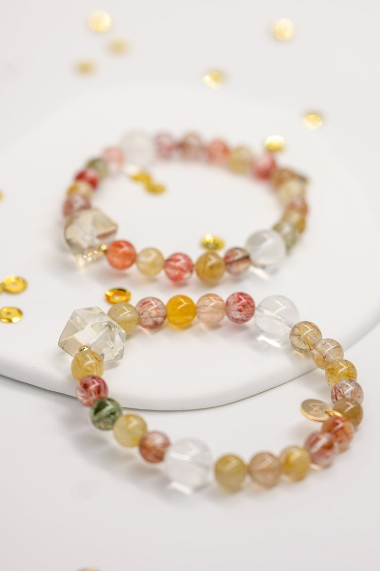 Golden Ambition Bracelet | Golden/Strawberry/Green Rutilated Quartz (A)  Rock Crystal Quartz