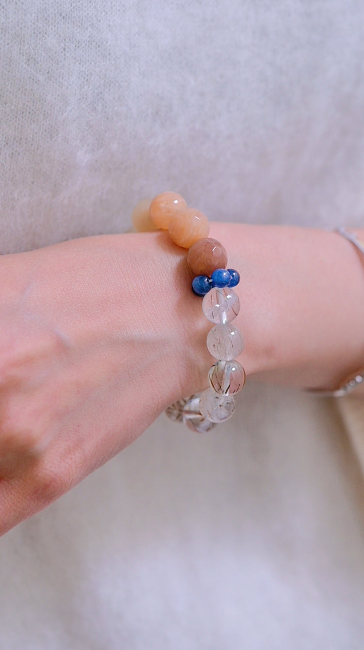 Serenity Balance Bracelet | Peach Moonstone Black Super7 Kyanite (AA)