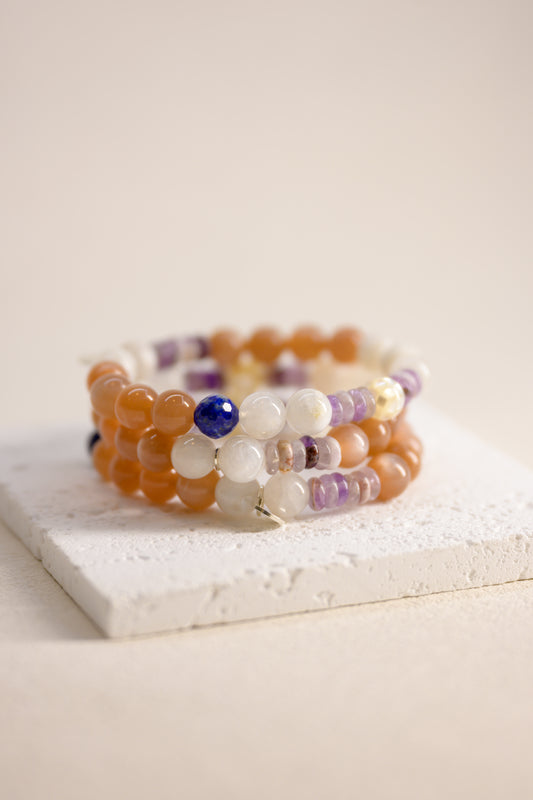 Serenity Balance Bracelet | Peach Moonstone(A)  Dogtooth Amethyst Mother of Pearl Mosaic Shell