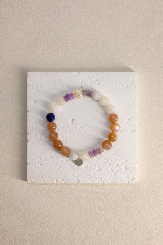 Serenity Balance Bracelet | Peach Moonstone(A)  Dogtooth Amethyst Mother of Pearl Mosaic Shell