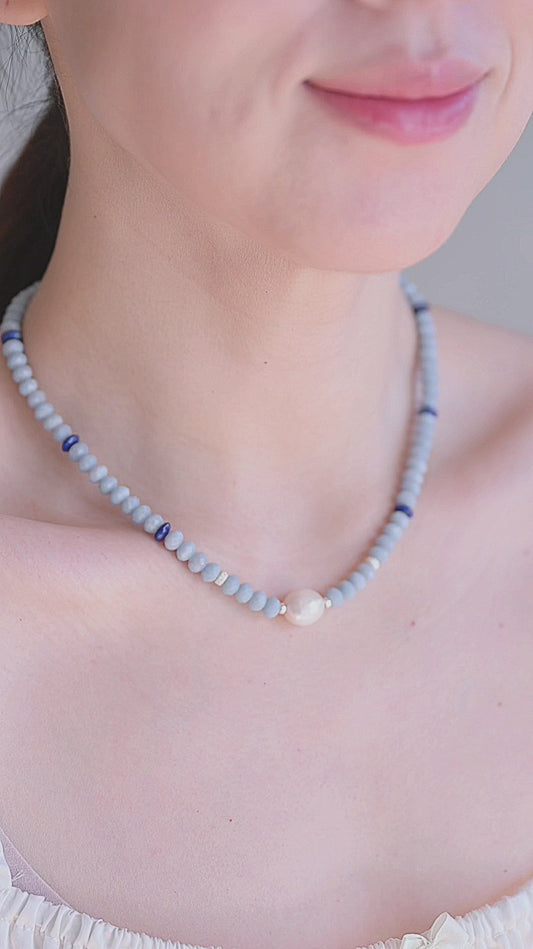 Blue Halo Pearl Necklace | Angelite Lapis Baroque Pearl