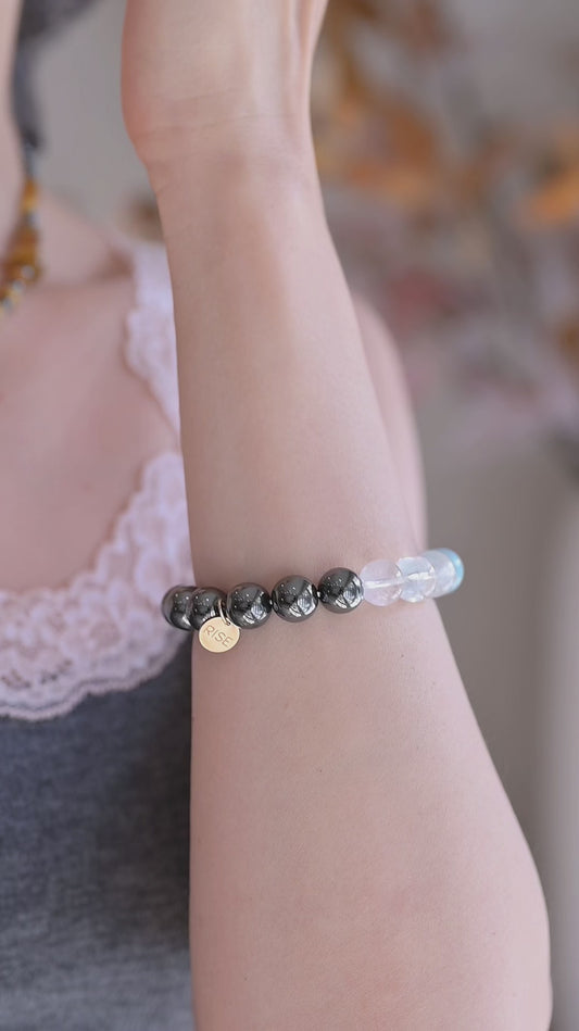 Wave of Light Bracelet | Aquamarine(A) Kyanite(AAA) Hematite Blonde Tiger’s Eye Rock Crystal