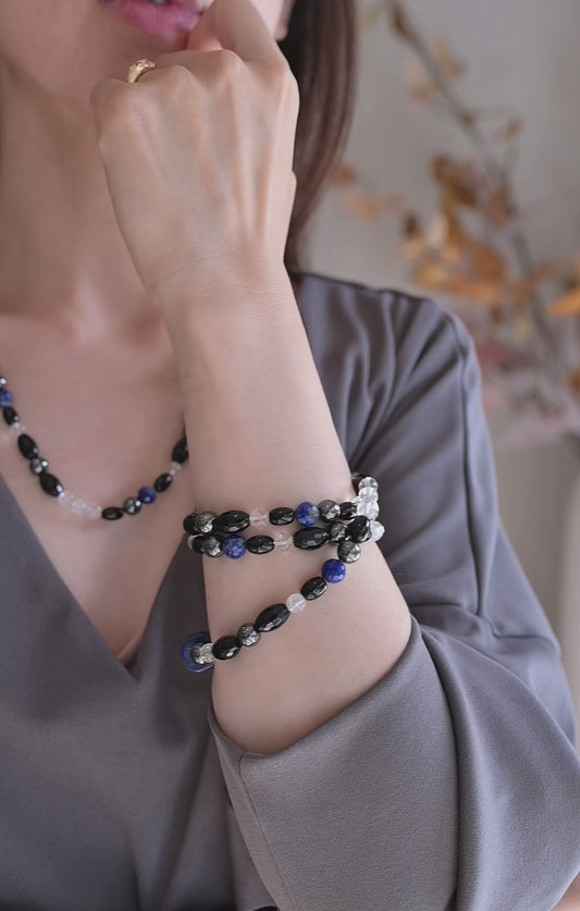 Ethereal Nightfall Three Wrapped Bracelet or Necklace | Hematite Black Onyx Rock Crystal Quartz Lapis