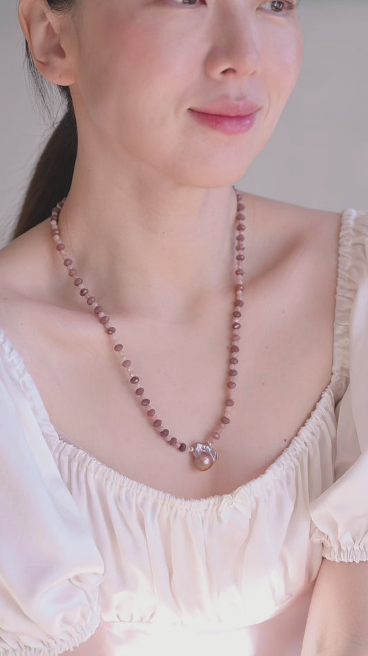 Rosy Moon Moment Necklace | Ruby Moonstone Baroque Pearl