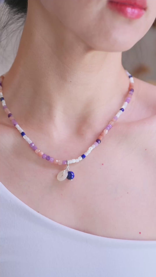 Eclipse of Violet Necklace | Suglite Peach Moonstone(A) Lapis Mother of Pearl