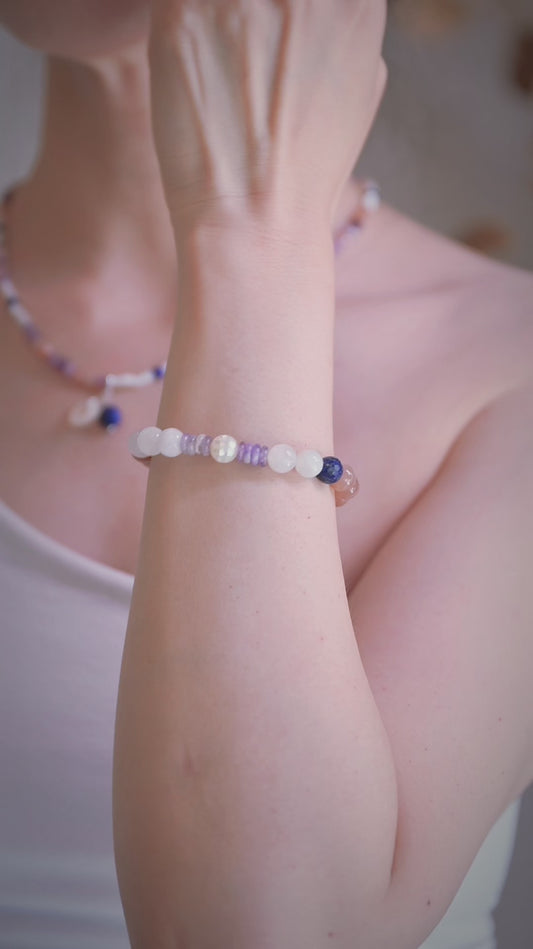 Serenity Balance Bracelet | Peach Moonstone(A)  Dogtooth Amethyst Mother of Pearl Mosaic Shell