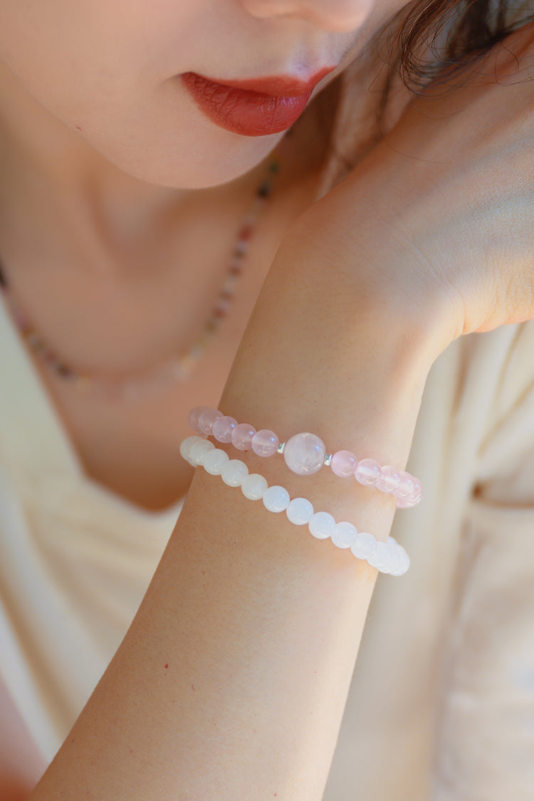 Bonded Bliss Double-lined Bracelet | Rose Quartz White Jade