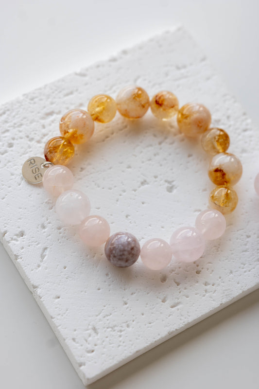 Bonded Bliss Bracelet | Madagascar Rose Quartz Madagascan Cherry Blossom Agate Natural Golden Citrine