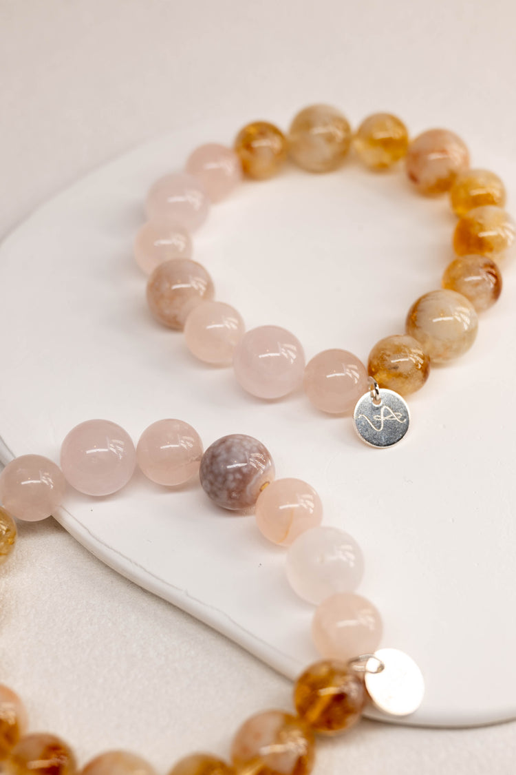 Bonded Bliss Bracelet | Madagascar Rose Quartz Madagascan Cherry Blossom Agate Natural Golden Citrine