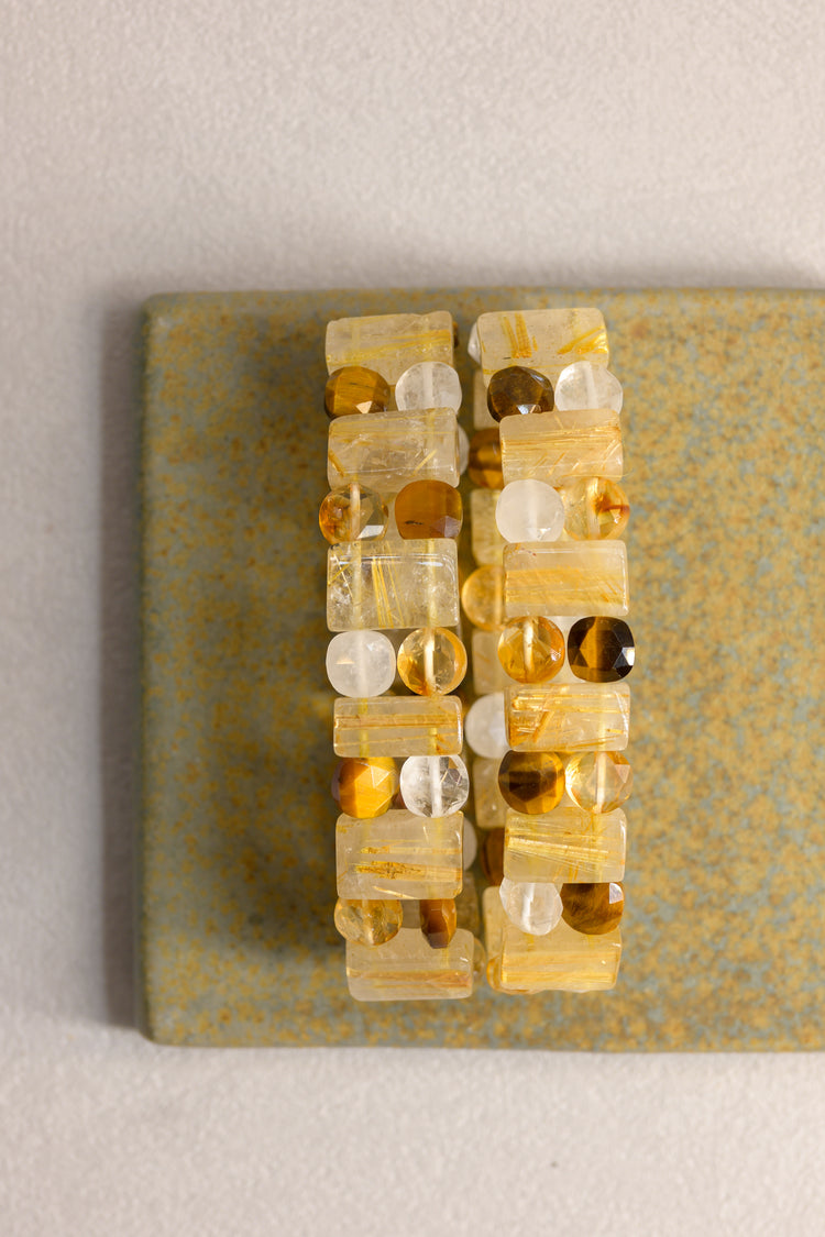 Sunfire Crown Bangle | Golden Rutilated Quartz(AA) Citrine(AA) Tiger's Eyes(A) Rock Crystal Quartz